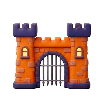 Spooky orange castle gate entrance with iron portcullis in 3d cartoon render style, png