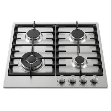 Modern built in stainless steel gas stove top with four burner hobs and control knobs, png