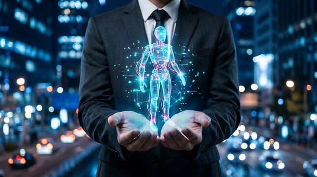 Business person holding a glowing digital human silhouette representing artificial intelligence and advanced medical technology innovation