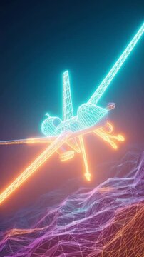 Futuristic wireframe spacecraft hovers over a glowing digital landscape, rendered in vibrant neon blue and orange hues against a dark. ..Created with Generative AI, not depicting real subjects.
