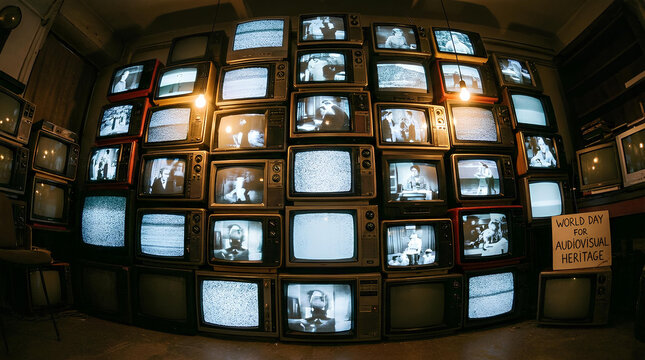 Wall of vintage television screens displaying audiovisual heritage.