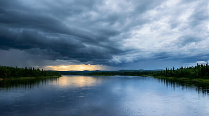 Fototapeta premium Dramatic dark storm clouds over a calm forest lake at dusk with landscape atmosphere reflection dramatic wilderness overcast meteorology outdoors