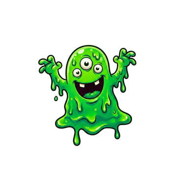 Cute green slime blob monster cartoon illustration with three eyes, png