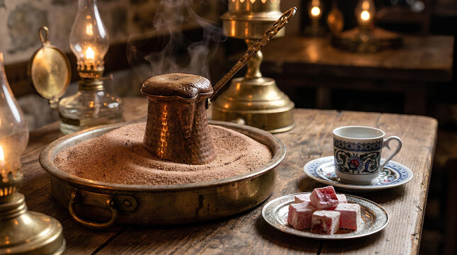 Traditional Turkish coffee brewing in hot sand with sweets.