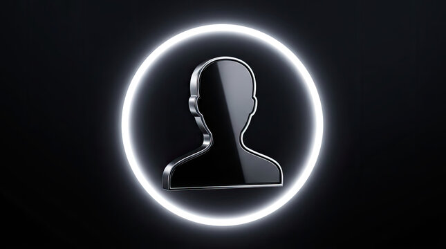 Glossy human profile icon inside glowing neon circle.