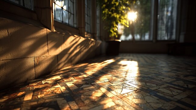 Sunlit Interior - A Dance of Light and Shadow on Stairs.