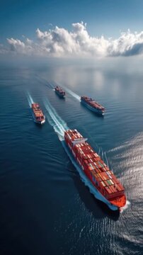 A fleet of massive container ships navigates the vast blue ocean under a partly cloudy sky. ..Created with Generative AI, not depicting real subjects.