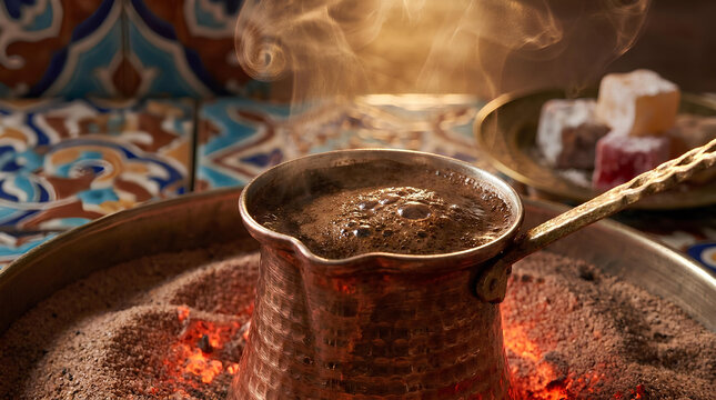 Traditional Turkish coffee brewing in copper cezve on hot sand.