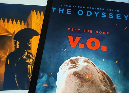 Rome, Italy - August 1, 2026, light panels highlight director Christopher Nolan's film Odyssey, shot entirely with an IMAX camera, at Cineland Multiplex, the main multiplex cinema in Ostia.