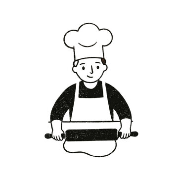 Charming male baker wearing chef hat rolling dough with rolling pin outline art, png