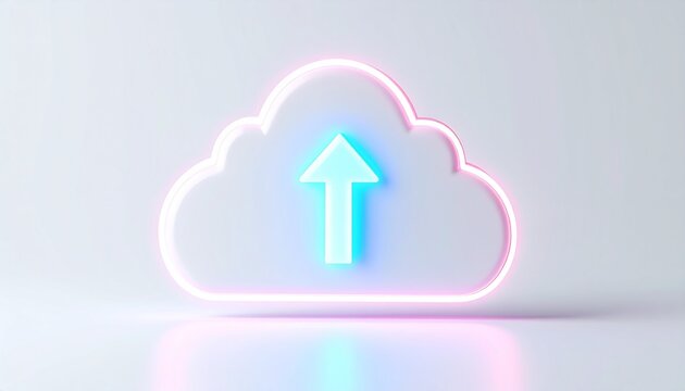 Glowing neon cloud upload arrow icon 3d render background