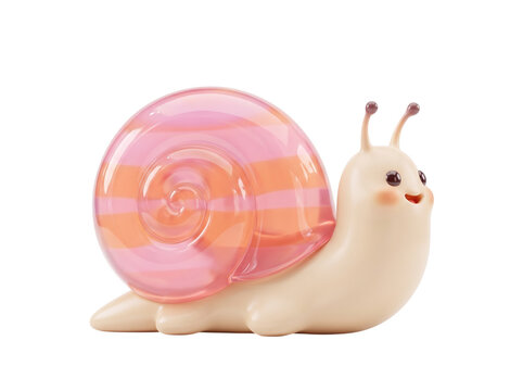 Adorable 3d cartoon snail character with a pink striped spiral shell, png