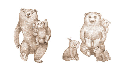 A set of sepia illustrations with a family of bears. Pencil drawings in a children's style, showing bear cubs with book for greeting cards, invitations and packaging.
