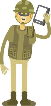Robot Soldier Character Talking on Smartphone
