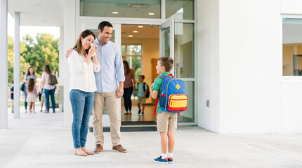 Fototapeta premium Parents saying goodbye to young son at school entrance on first day back