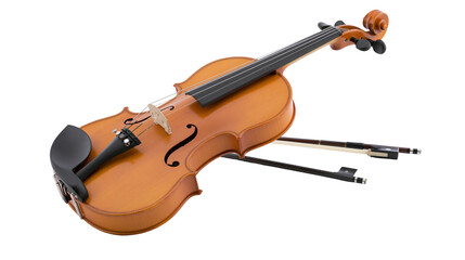 Fototapeta premium Wooden violin with bow and chin rest, musical instrument