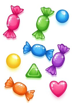 Colorful Glossy Candy Set with Wrapped Sweets, Heart, and Round Hard Candies for Game Design and Illustration