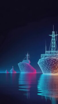 A fleet of futuristic ships sails on a calm sea. ..Created with Generative AI, not depicting real subjects.