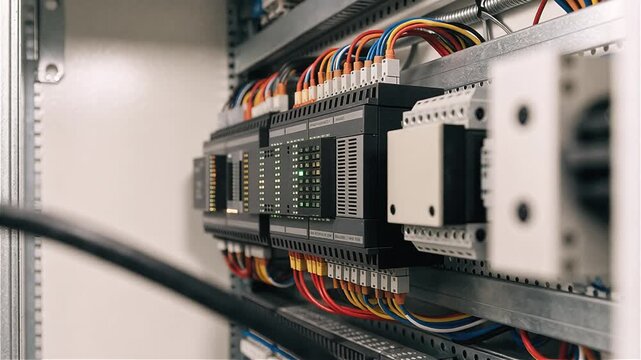Industrial PLC Control Panel with Blinking Status Indicators