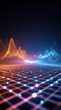 Abstract data visualization showcasing glowing wave patterns and a digital grid. ..Created with Generative AI, not depicting real subjects.