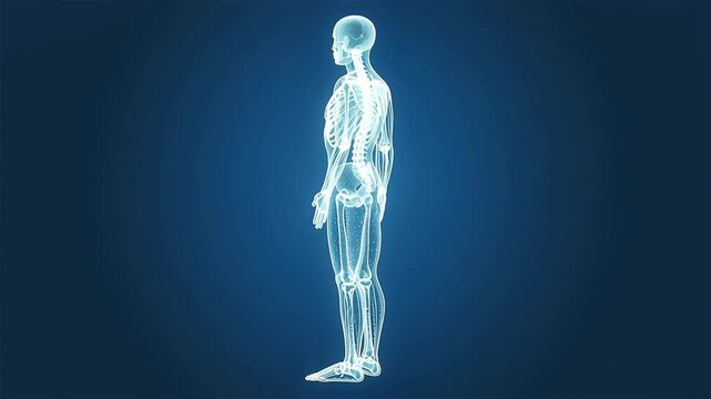 Advanced 3D holographic biometric scanner inspecting full human skeletal and vascular system.