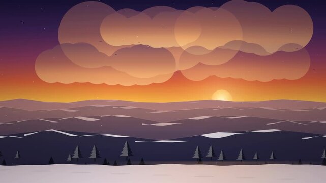 Dramatic Abstract Sunset Landscape with Rolling Hills under a Vibrant Orange and Purple Sky Perfect for Digital Backgrounds