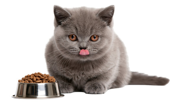 Fluffy grey kitten with pink tongue licking near food bowl