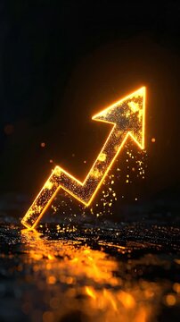 A glowing golden arrow pointing upward on a dark reflective surface