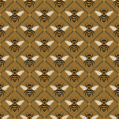 A continuous pattern with bees as the main element, combined with geometric frames that evoke a classic and natural feel. Suitable for fabric printing, wallpaper, packaging, or home decor.
