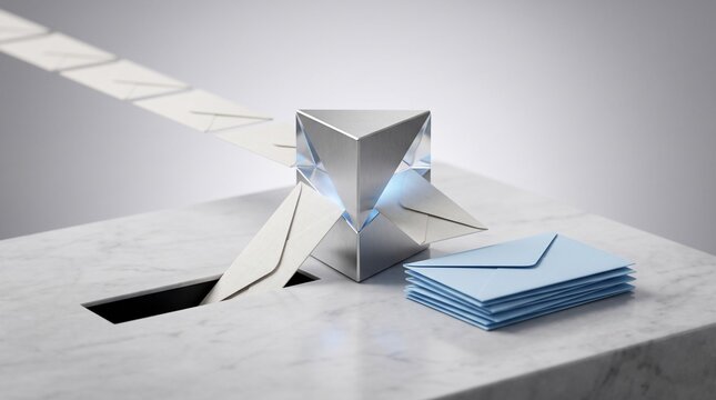 Automated digital mail processing system processing envelopes through metallic prism sorting hub concept with envelopes white marble marble surface stack