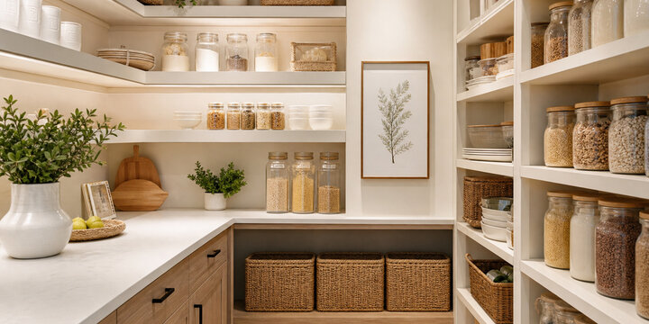 Pantry Open Shelves Organized Soft Modern Kitchen Interior