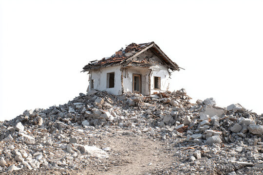 Small destroyed house turned into rubble and concrete debris, disaster damage, isolated on transparent background