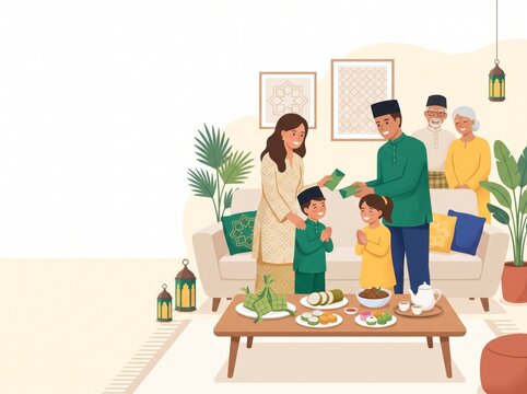 Traditional Malaysian Parents Giving Duit Raya Ceremony to Children During Hari Raya Aidilfitri
Happy Malay Muslim Family Celebration