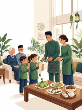 Traditional Malaysian Parents Giving Duit Raya Ceremony to Children During Hari Raya Aidilfitri
Happy Malay Muslim Family Celebration