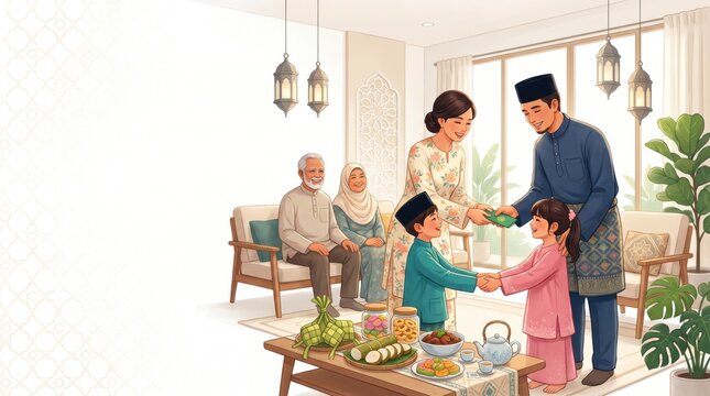 Traditional Malaysian Parents Giving Duit Raya Ceremony to Children During Hari Raya Aidilfitri
Happy Malay Muslim Family Celebration