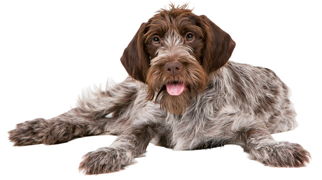 Wirehaired Pointing Griffon dog lying down with tongue out