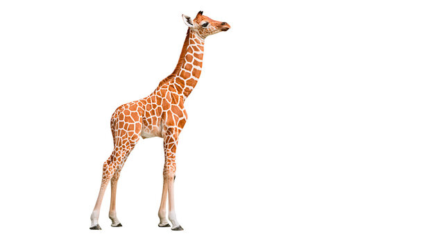 Young giraffe with orange and brown spots standing