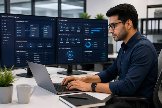 Professional IT Systems Administrator Configuring Identity and Access Management Security on Laptop in Modern Enterprise Office 