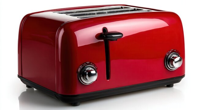 A shiny red toaster is showcased against a clean white background, emphasizing its sleek design, Ideal for kitchenware promotions, cooking blogs, and home appliance advertisements,