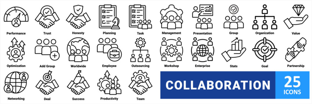 Collaboration icon set. Collection of teamwork, partnership, business deal, trust, group communication, and employee networking icons. Vector icon for business presentation, corporate website
