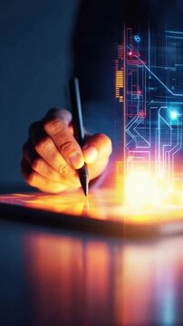 A hand holding a stylus hovers over a digital tablet, interacting with a vibrant. ..Created with Generative AI, not depicting real subjects.