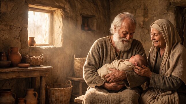 Biblical Miracle of Birth, Elderly Abraham and Sarah Holding Newborn Baby Isaac in a Rustic Ancient Home, Faith and Promise Realized