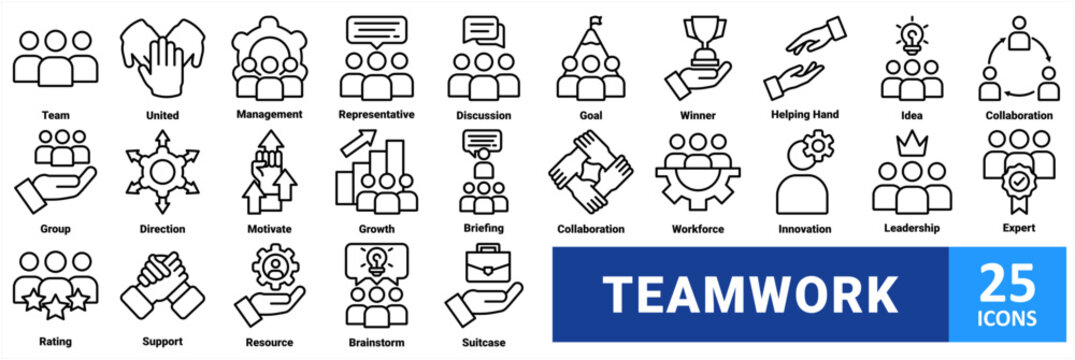 Teamwork icon set. Collection of team collaboration, leadership, group discussion, business growth, motivation, and workforce management icons. Vector icon for collaboration, leadership,business