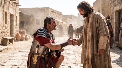 Fototapeta premium Faith of the Centurion, Roman Soldier Kneeling in Humility Before Jesus Christ in Ancient City Street