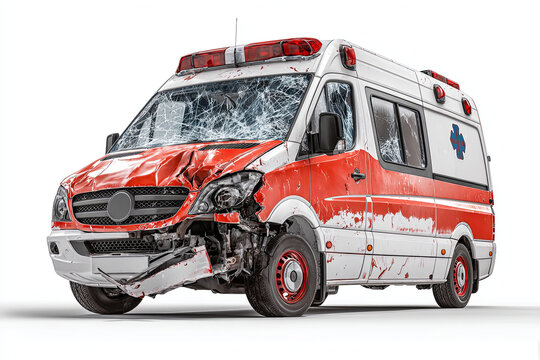 Smashed ambulance style vehicle with severe front impact damage, isolated PNG on transparent background