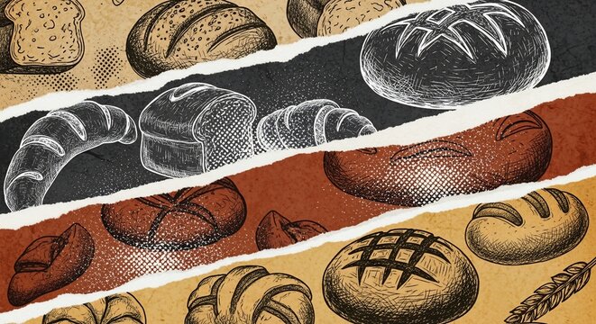Assorted bread loaves and pastry sketches on torn paper background