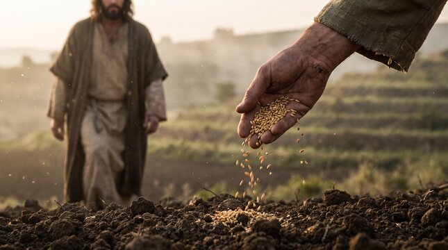 Close Up of a Hand Sowing Grain on Tilled Soil with Jesus Christ in the Background, Biblical Parable of the Sower and the Good Soil