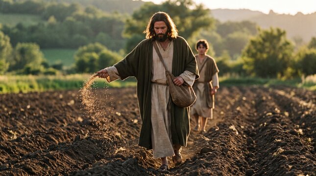 Jesus Christ Walking Through a Field Scattering Seeds, Representing the Biblical Parable of the Sower