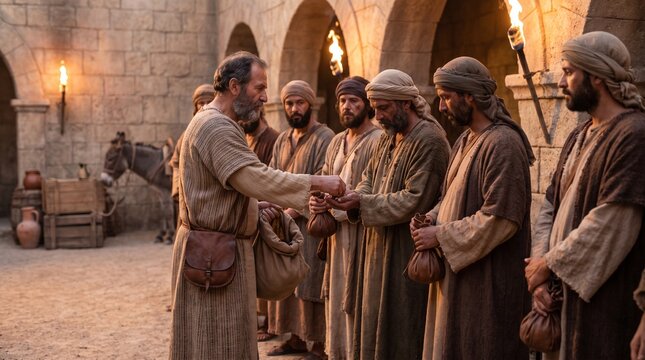 Ancient Scene of a Man Distributing Silver Coins to Followers in a Courtyard at Night, Biblical Story of Judas or the Parable of the Talents