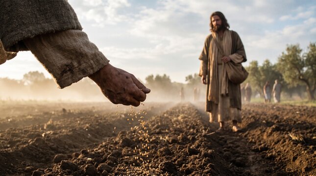 Biblical Parable of the Sower, Hand Scattering Seeds on Tilled Land with Jesus Christ Standing in the Field at Sunrise